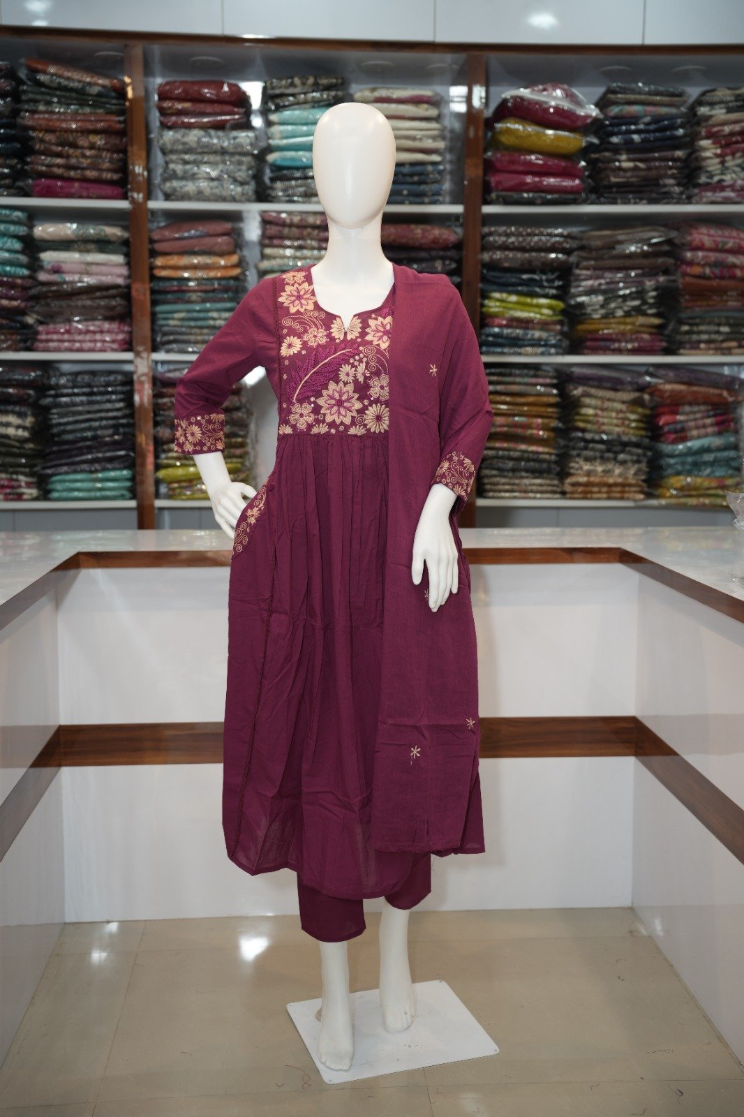 Pure Cotton Three Piece Kurta Set - Wine