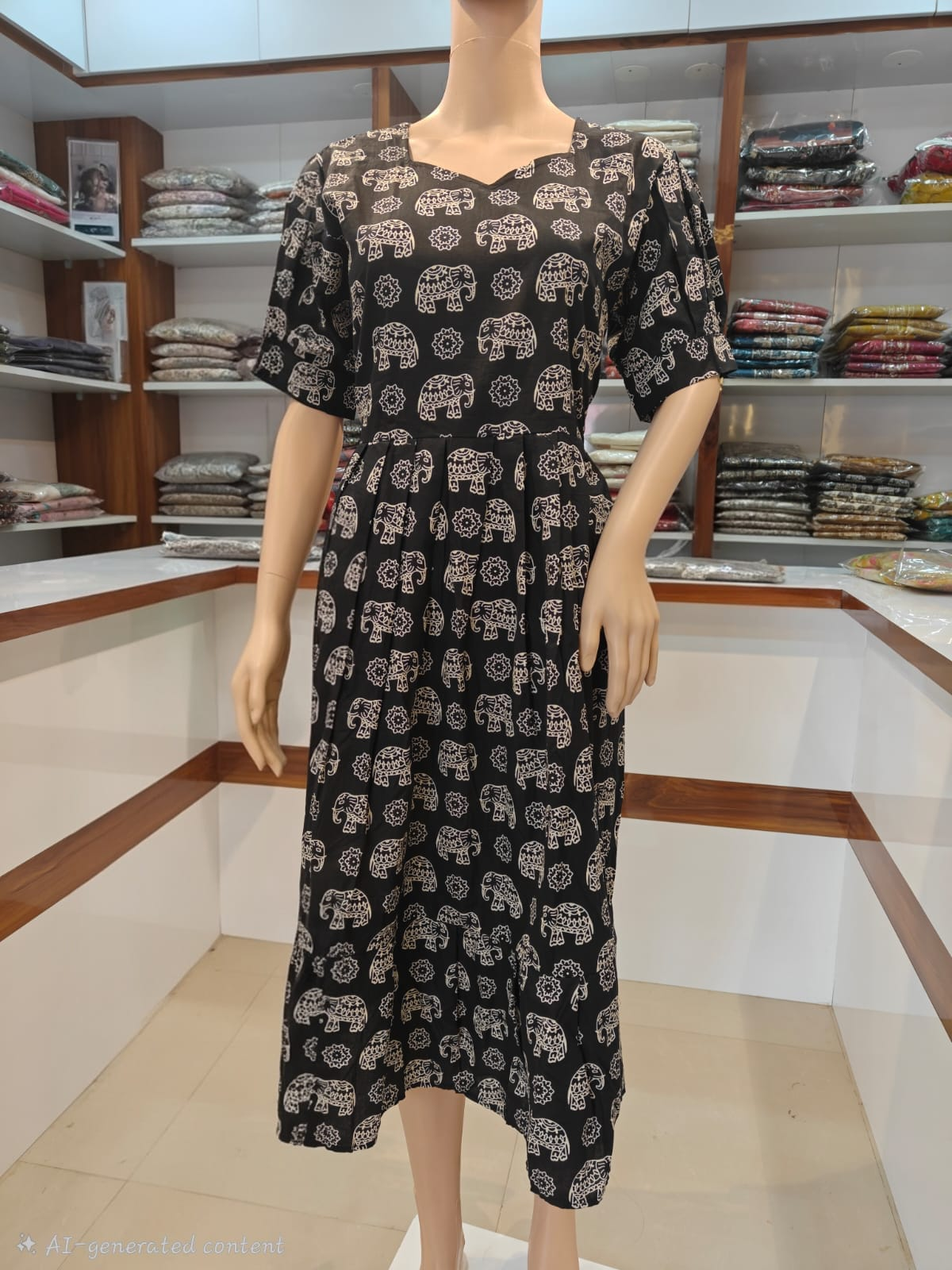 Elephant Print Cotton Short Frock - Navy Blue