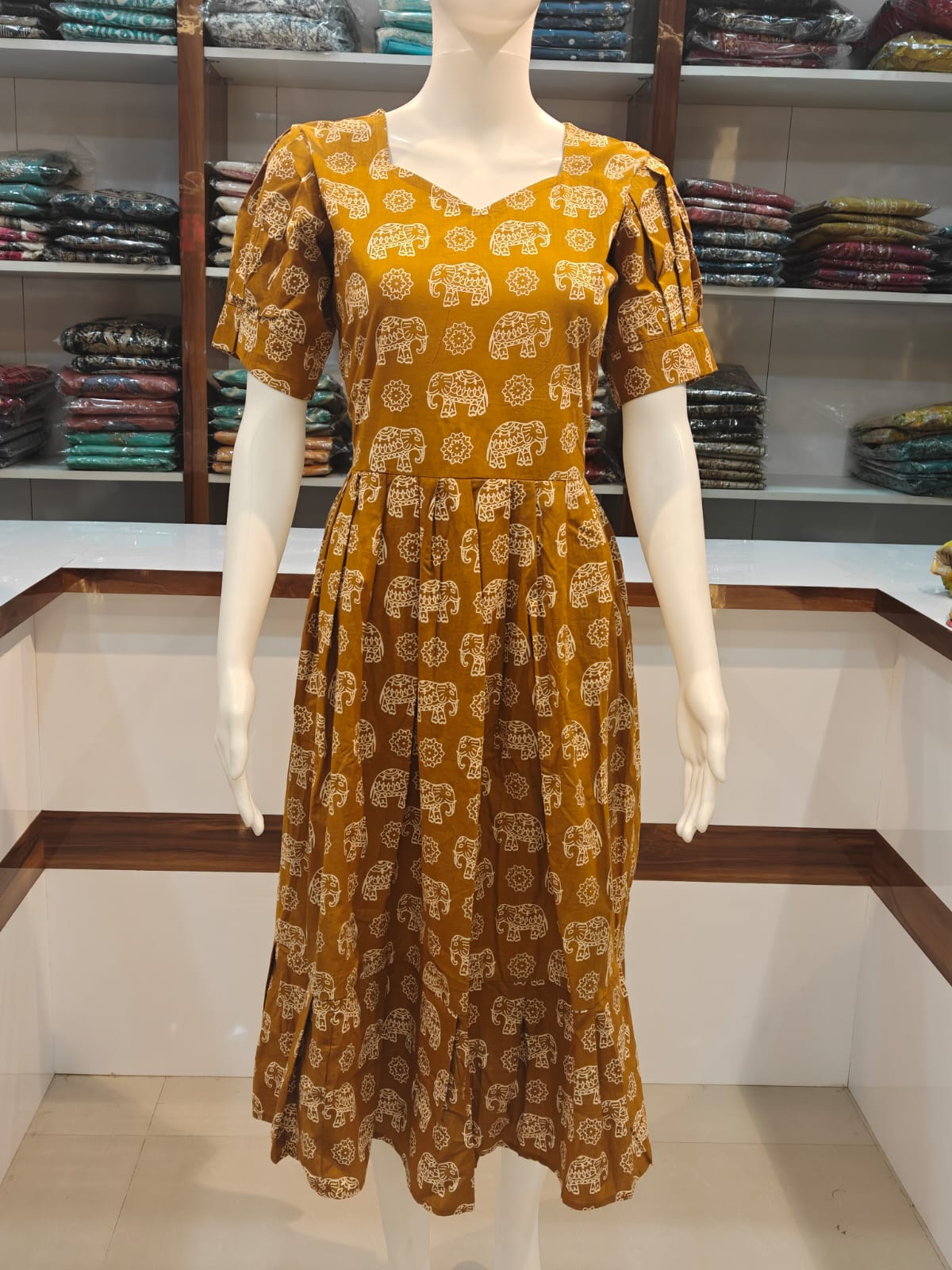 Elephant Print Cotton Short Frock - Mustard