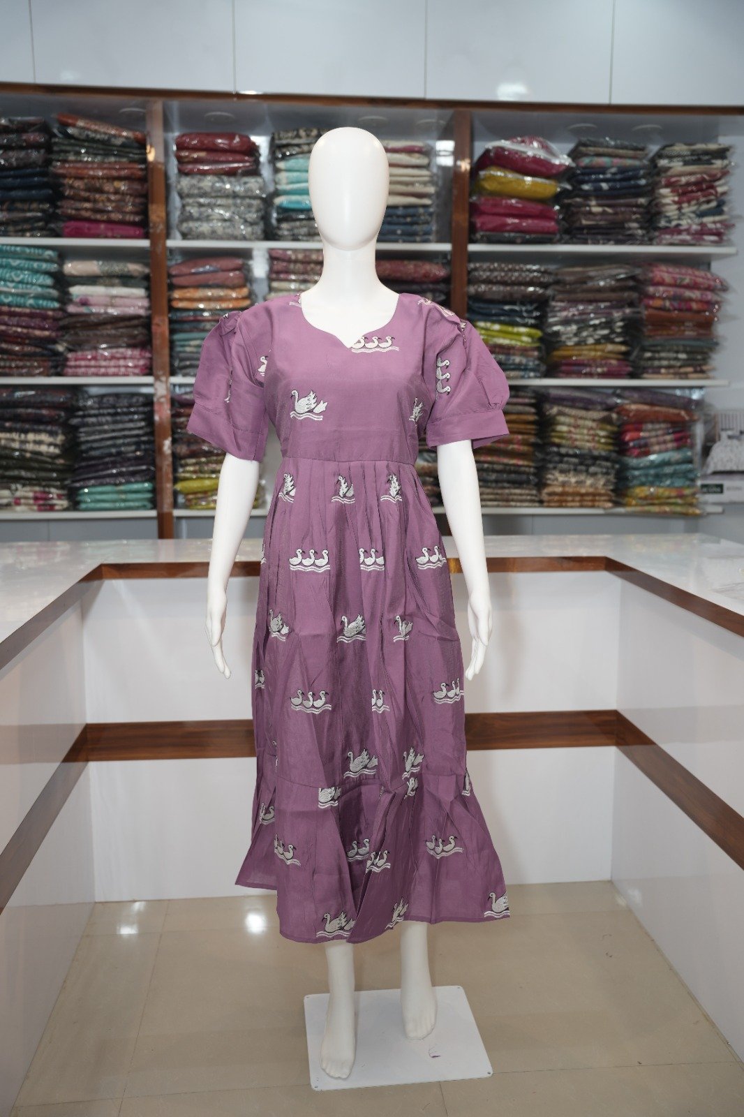 Swan Embroidered Long Frock - Mauve