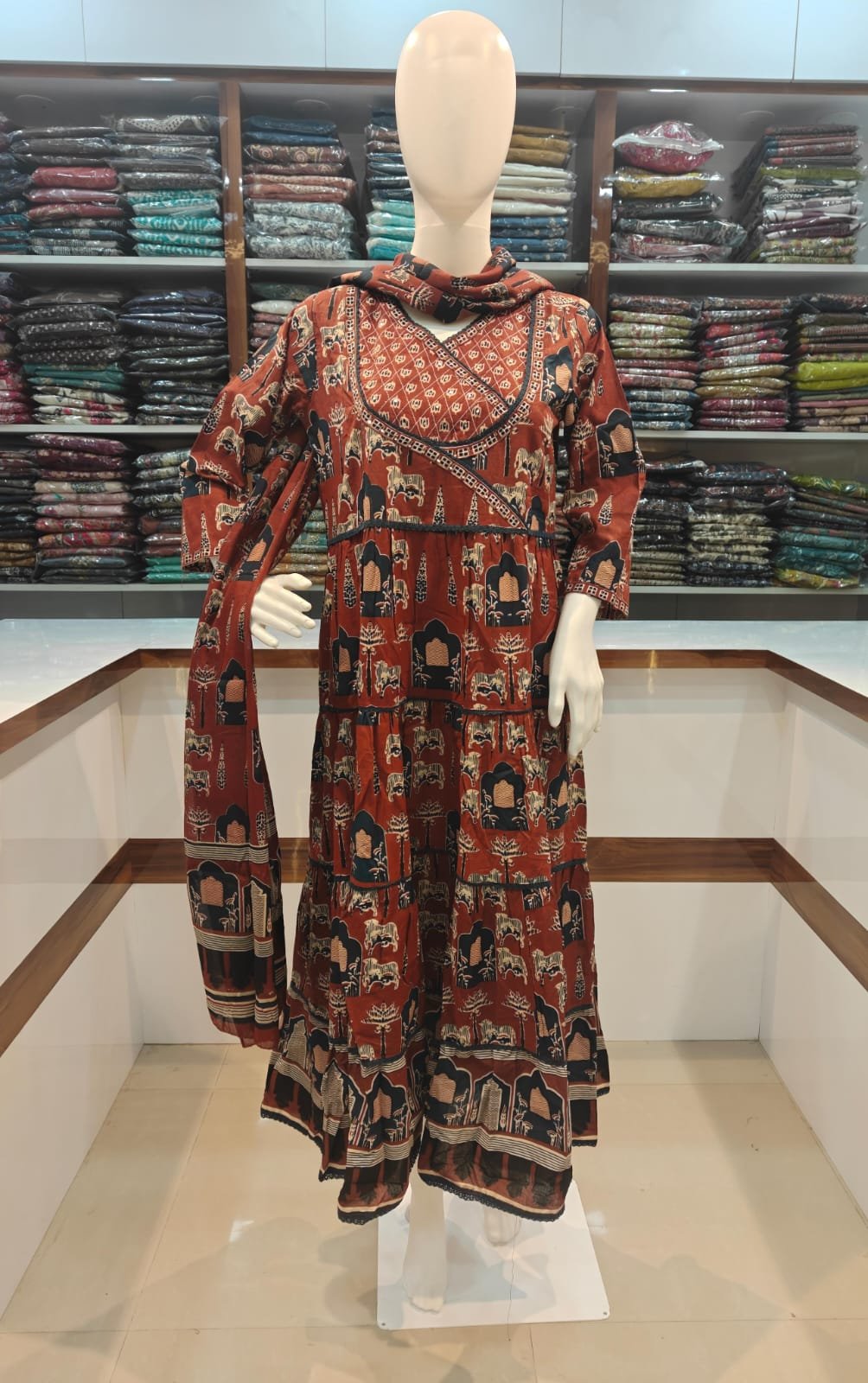 Anarkali Gold Round Frock Three Piece Set - Rust