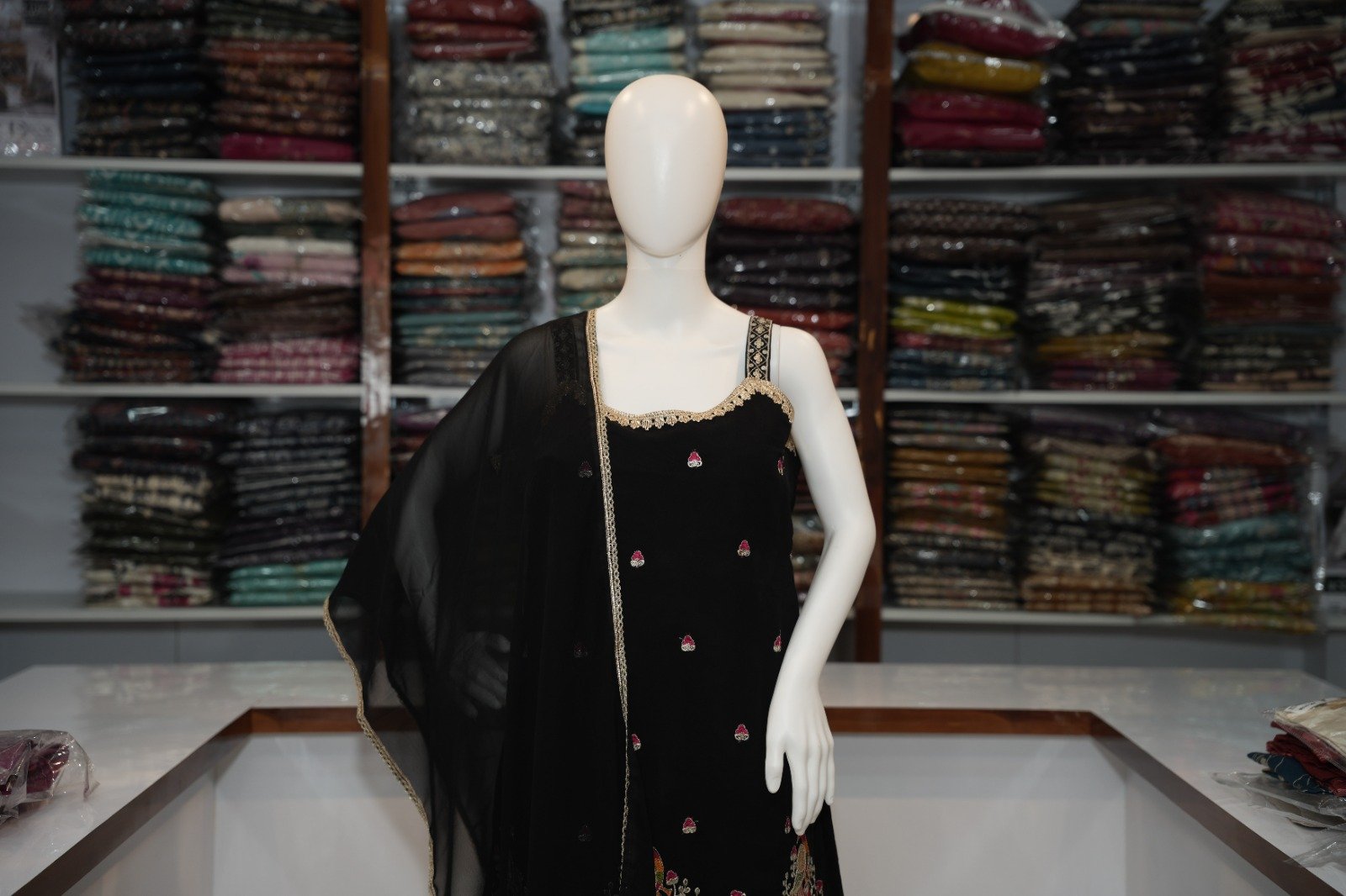 Peacock Embroidered Party Wear Set - Black